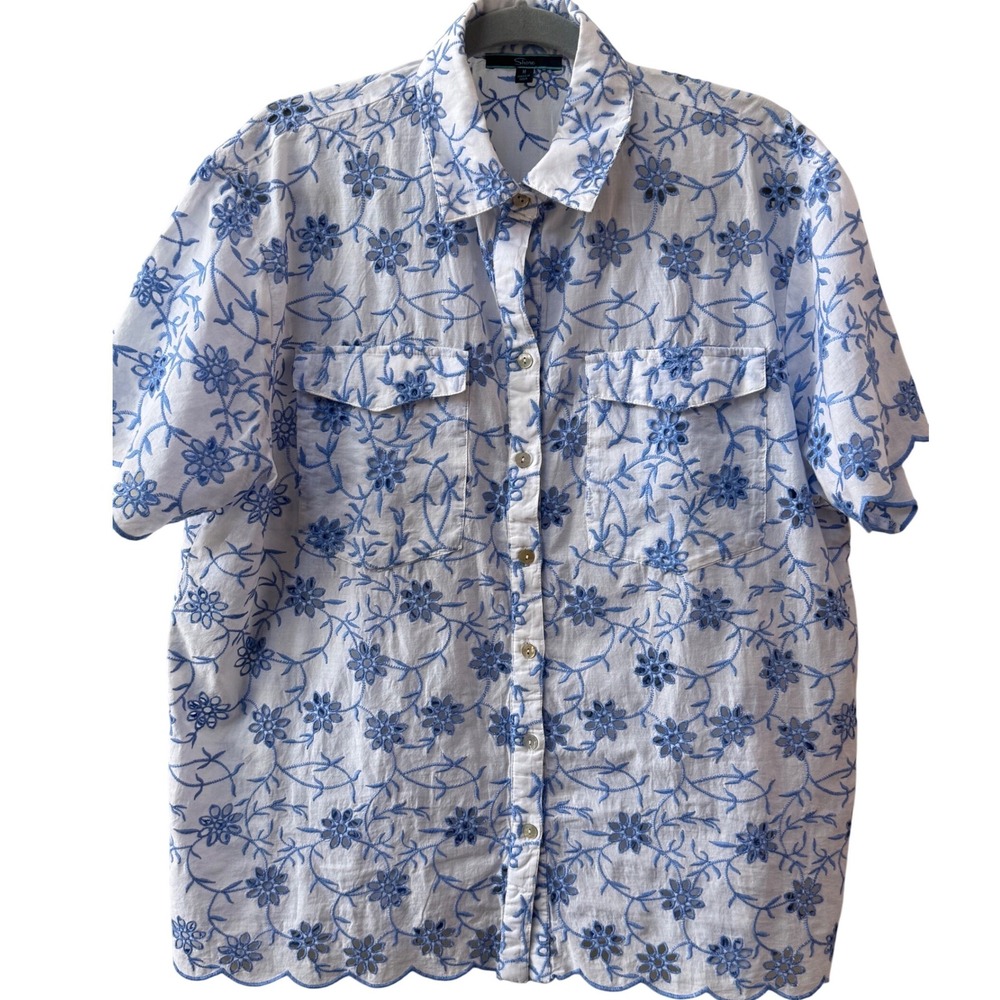 Shore Womens Embroidered Eyelet Button Up Shirt Floral Size M Coastal Resort